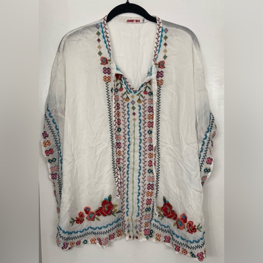 Johnny Was White Cupra Floral Embroidered Poncho Blouse Size Small